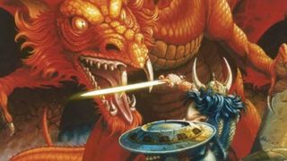 A warrior with a horned helmet and sword faces a roaring red dragon